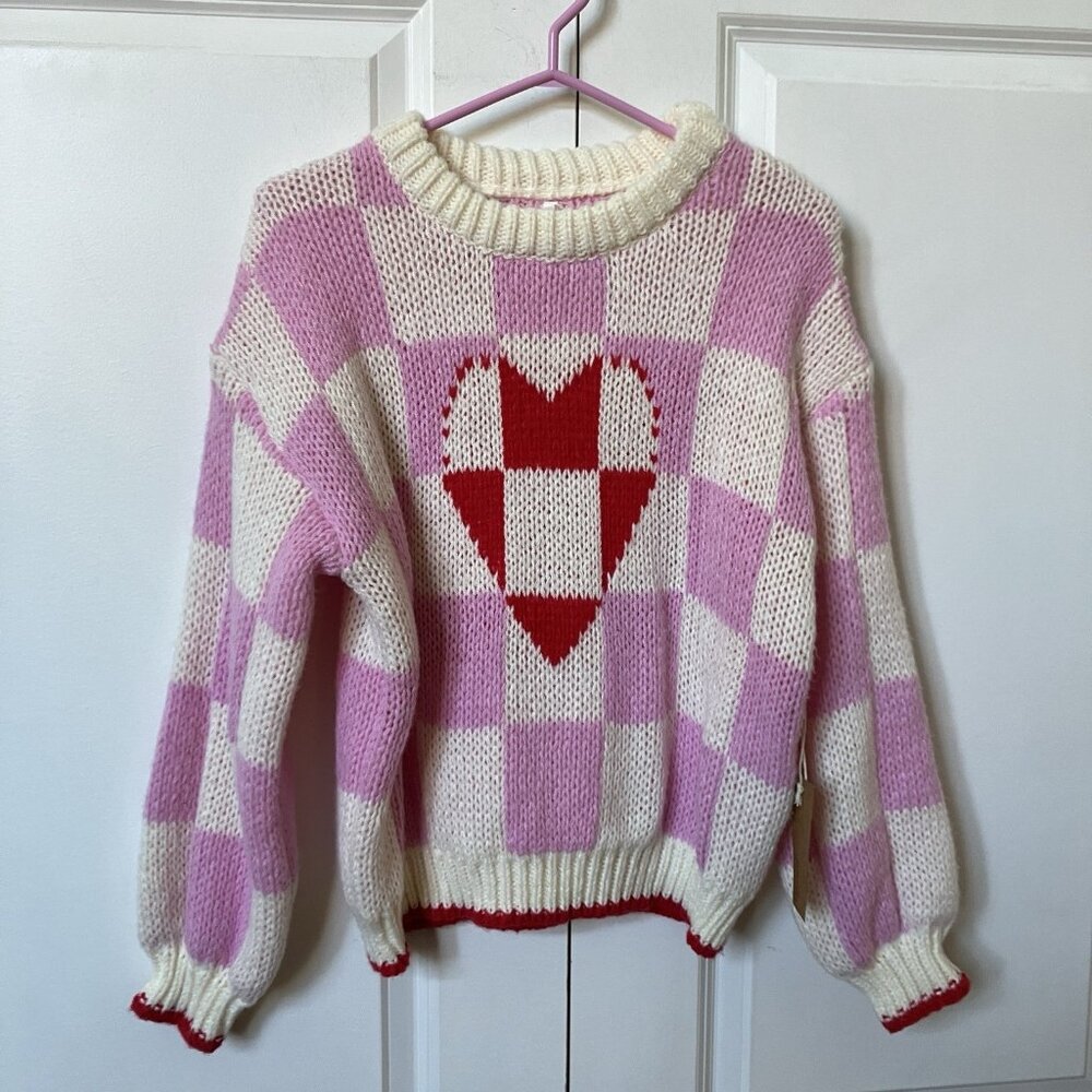 Dreamers by Debut Checkered Heart Sweater Womens S Chunky Knit NWT